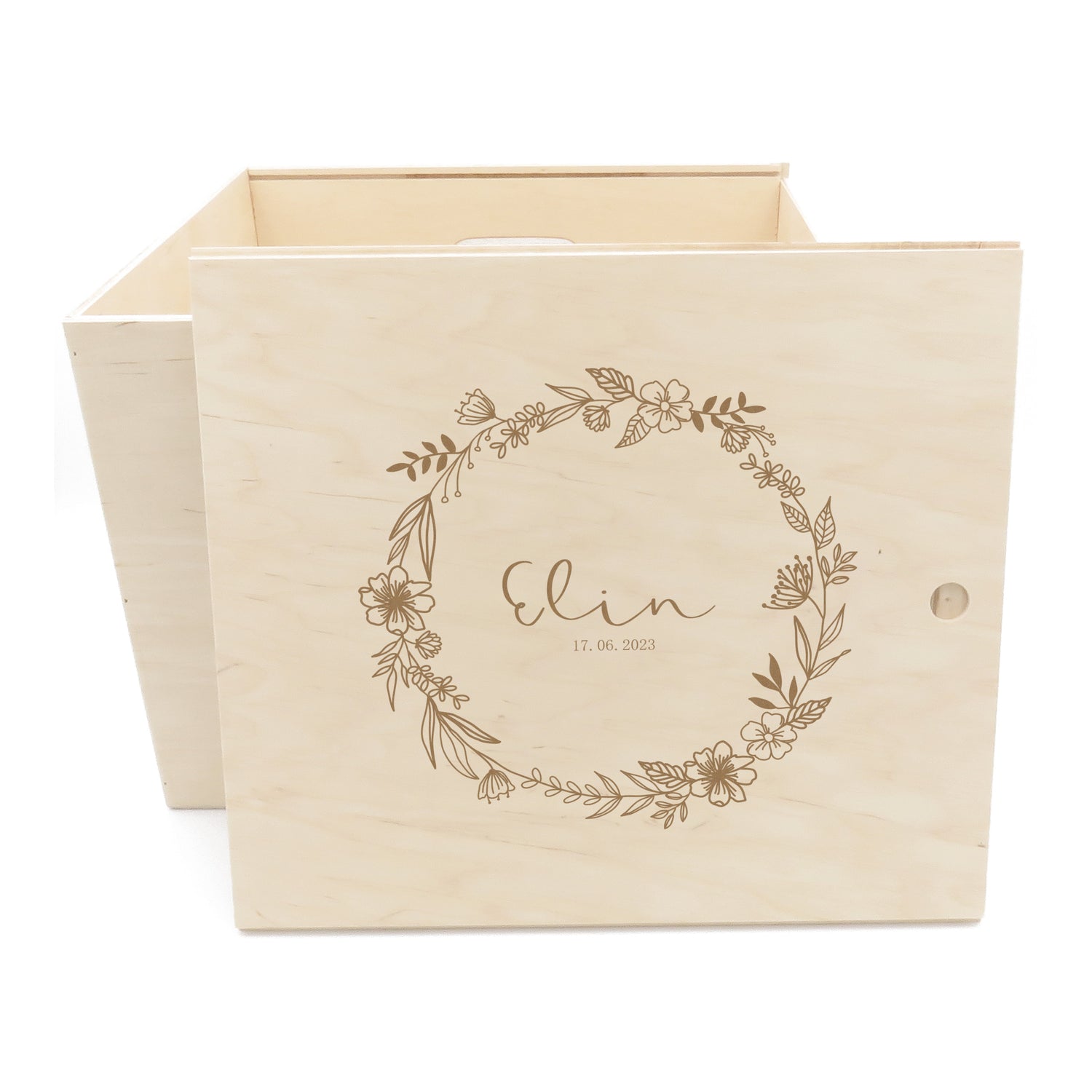 Houten memorybox bloemenkrans groot